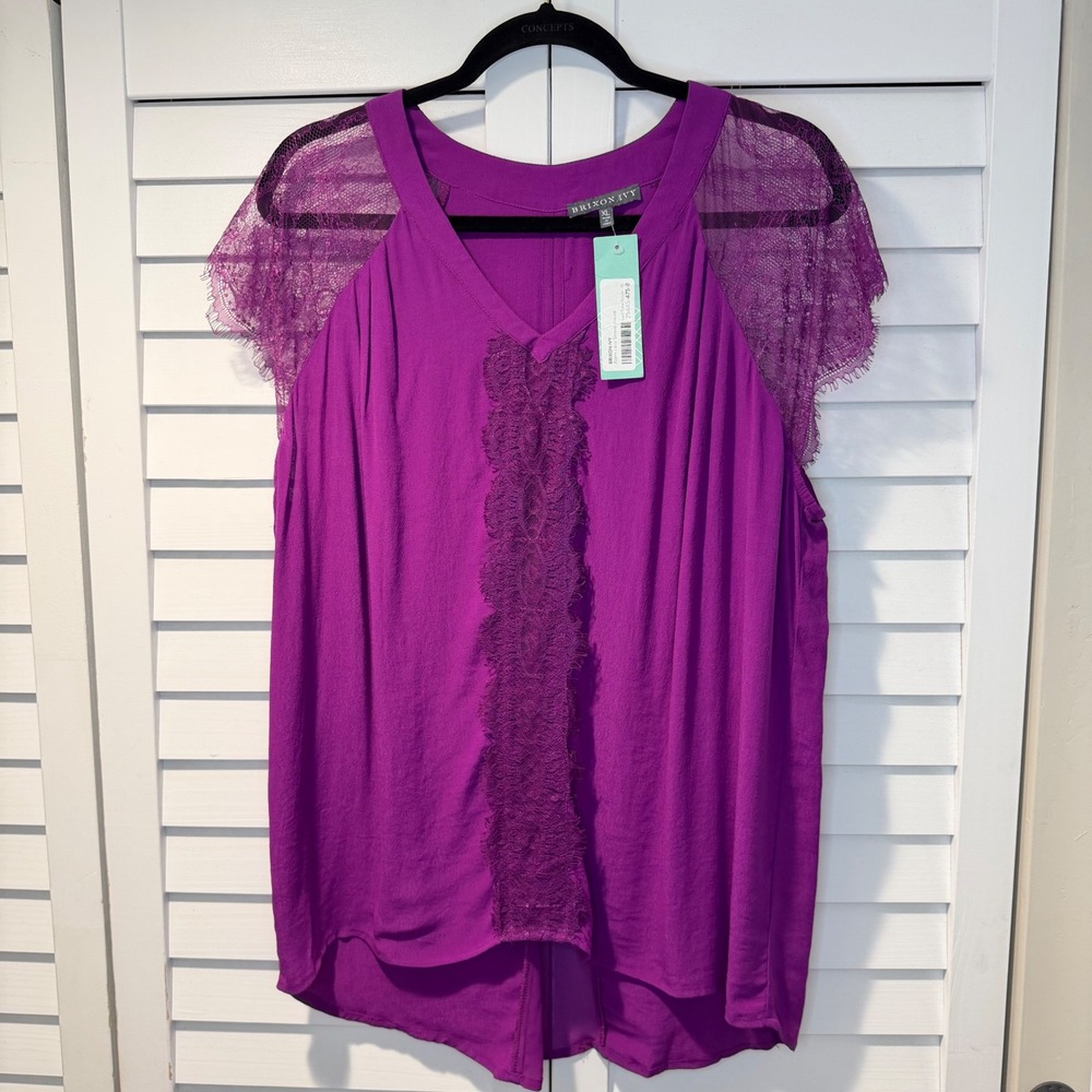 Brixon Ivy Atami Lace Sleeve Blouse Jewel Tone Purple V Neck Top Blouse XL‎ New